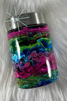 12 oz Pink, Green, Blue and Black Ink Swirl Can Cooler