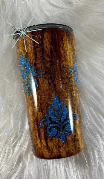 20 oz Wood  and Teal Glitter Damask Peek-A-Boo Tumbler With Lid