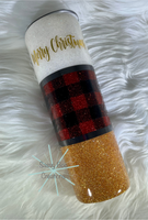 30 oz Skinny White, Buffalo Plaid and Gold Merry Christmas Tumbler With Lid