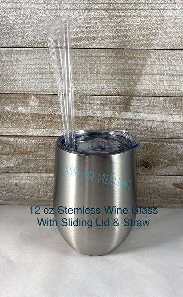 12 oz Stemless Wine Glass With Sliding Lid & Straw