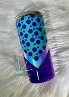 15 oz Skinny Purple Glitter with Teal and Purple Polka Dots V Split With Lid